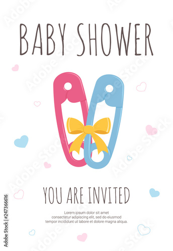 Baby shower party template for future mommy of boy and girl twins with pink and blue toddler safety pins.