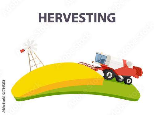 Rural summer landscape with red combine harvester agriculture machine harvesting golden ripe wheat field.