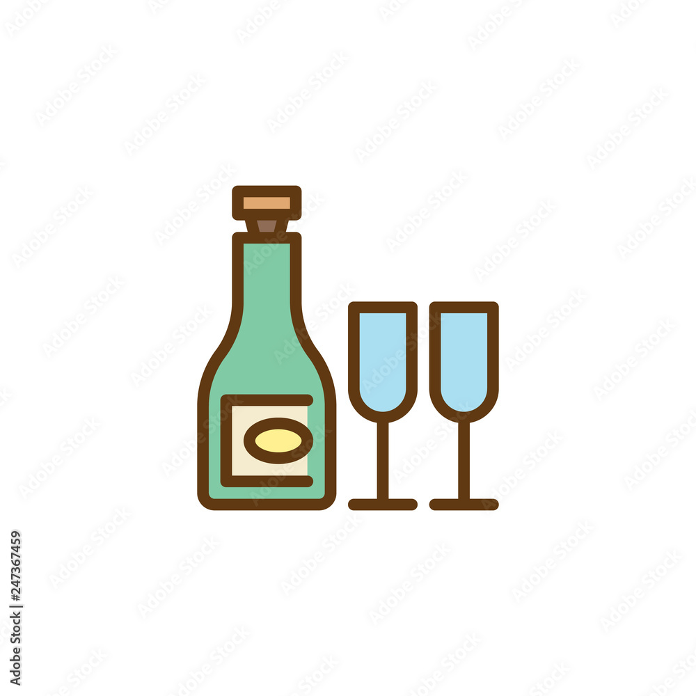 Festive toast glasses with champagne flat icon, vector sign, colorful pictogram isolated on white. Wine bottle and glasses symbol, logo illustration. Flat style design Festive toast glasses with champagne flat icon, vector sign, colorful pictogram isolated on white. Wine bottle and glasses symbol, logo illustration. Flat style design