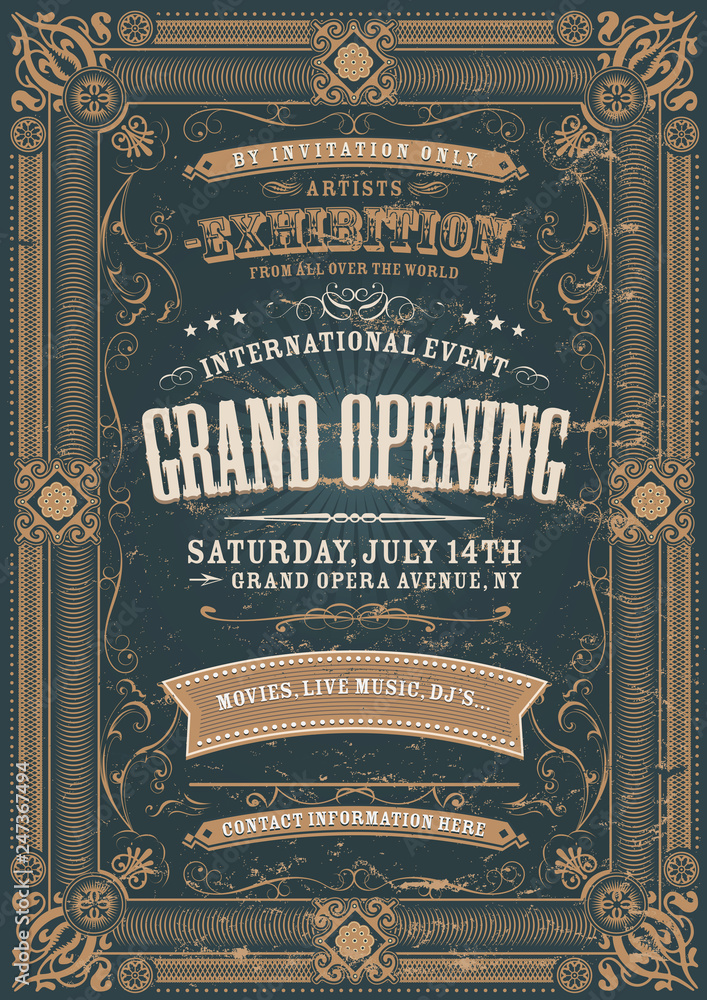 Vintage Design Invitation Background/ Illustration of a vintage invitation  background to a grand opening exhibition with various floral patterns,  frames, banners, grunge texture and retro design Stock Vector | Adobe Stock