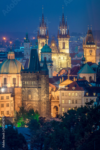 Photography Night Aerial view of Prague landmarks, Czech