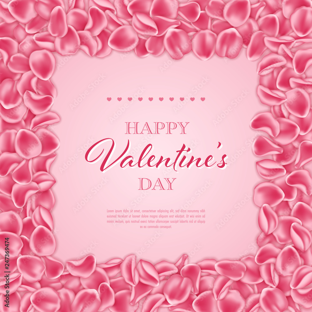 Square frame made of pink rose petals. Valentines Day card template