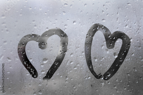 Hearts painted on glass in Rainy weather