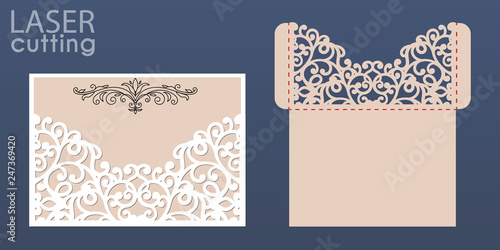 Laser cut wedding invitation card template vector. Pocket envelope with abstract ornament. Open card. Suitable for greeting cards, invitations, menus.