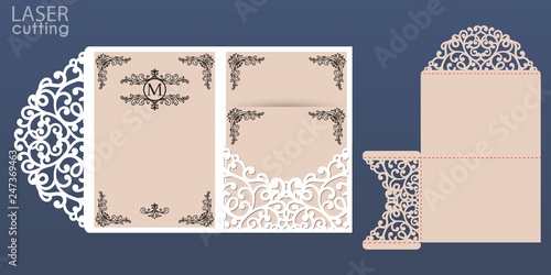 Laser cut wedding invitation card vector template. Tri fold pocket envelope. Wedding lace invitation mockup.