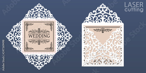 Laser cut square envelope with patterned corners, Template for wedding invitation card. Cutout paper four fold card for laser or die cutting. Suitable for greeting cards, invitations, menus.