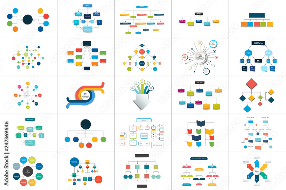 Mega set of various  flowcharts schemes, diagrams. Simply color editable. Infographics elements. - obrazy, fototapety, plakaty 