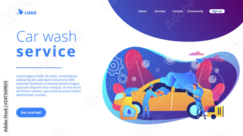 Auto wash attendants cleaning the exterior of the vehicle with special equipment. Car wash service, automatic carwash, self-serve car wash concept. Website vibrant violet landing web page template.