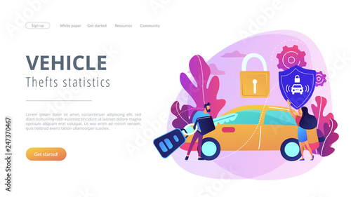 Businessman with car remote key and woman with shield at car with padlock. Car alarm system, anti-theft system, vehicle thefts statistics concept. Website vibrant violet landing web page template.