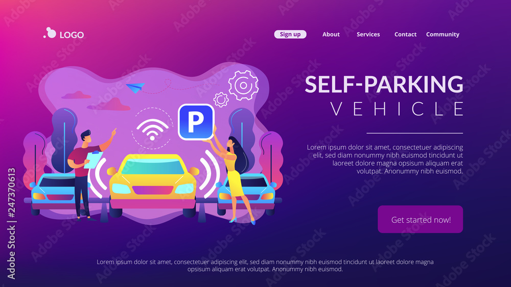 Self-driving car with sensors automatically parked in parking lot. Self-parking car system, self-parking vehicle, smart parking technology concept. Website vibrant violet landing web page template.