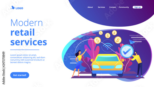 Business people paying in vehicle equiped with in-car payment system. In vehicle payments, in-car payment technology, modern retail services concept. Website vibrant violet landing web page template.