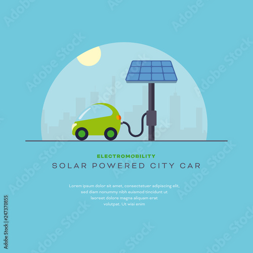 Solar powered city car charging vector illustration template with sample text