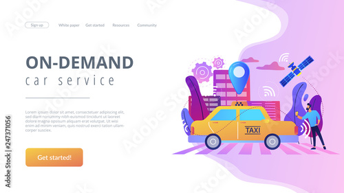 Businessman with smartphone taking driverless taxi with sensors and location pin. Autonomous taxi, self-driving taxi, on-demand car service concept. Website vibrant violet landing web page template.
