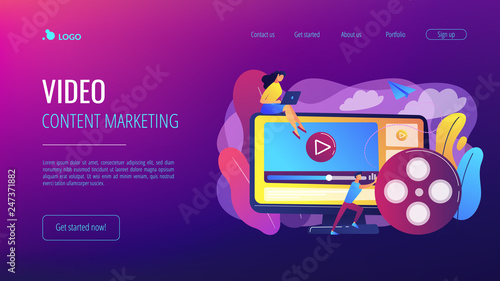 Marketing strategist with laptop working with video content. Video content marketing, video marketing strategy, digital marketing tool concept. Website vibrant violet landing web page template.