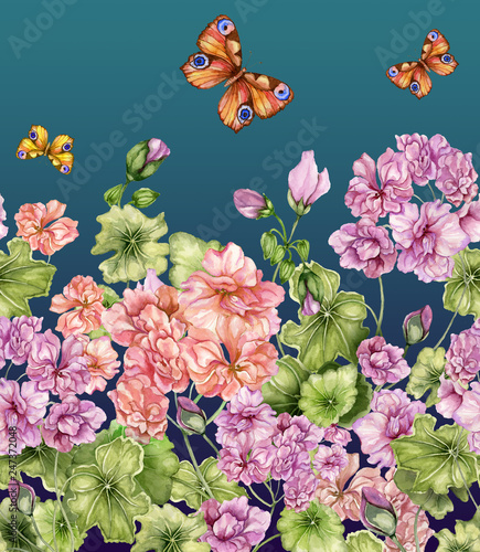 Beautiful floral background with pelargonium flowers and butterflies. Seamles...