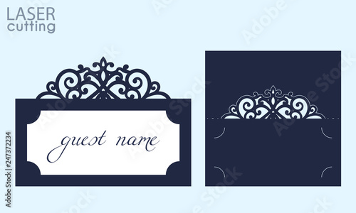 Laser cut wedding invitation place card with lace border. Wedding centerpieces table card, crown design name card holders. Template for cutting, vector.