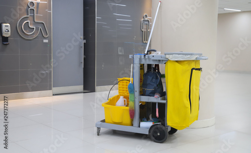 Closeup of cleaning equipment and tools, janitorial  for floor cleaning. © Amphon