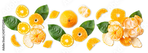 Slices of tangerine or orange. Fruit background. Flat lay  isolated on white background. Food background. Top view