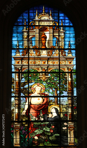 Sacred Heart of Jesus and Marguerite Marie Alacoque, stained glass, Church of St. Gervais and St. Protais, Paris
