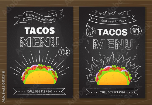 Mexican cuisine fastfood tacos menu. Colorful beef taco graphic with chalk style hand drawn decoration on blackboard with tacos menu offer food banner template vector illustration