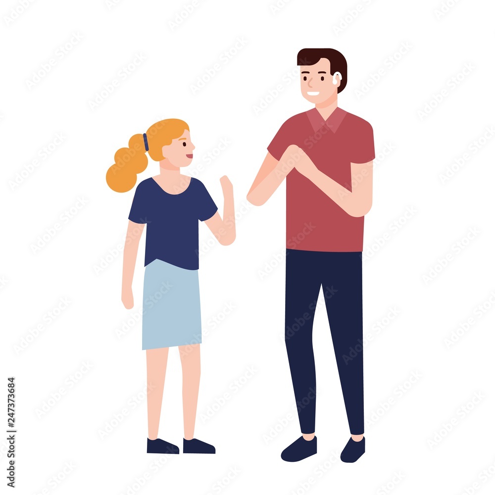 Smiling deaf man showing signs to little girl. Communication with people with deafness or hearing impairment. Cute cartoon characters isolated on white background. Flat vector illustration.