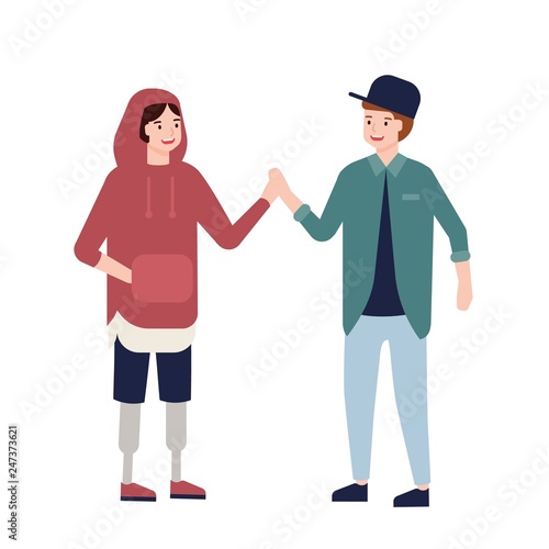 Cute teenage boy with prosthetic legs giving high five to her friend