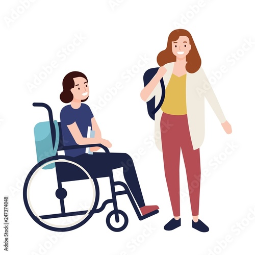 Funny young girl sitting in wheelchair talking to her friend or classmate. Teenager, female student or pupil with physical disability and school inclusion. Flat cartoon colorful vector illustration.