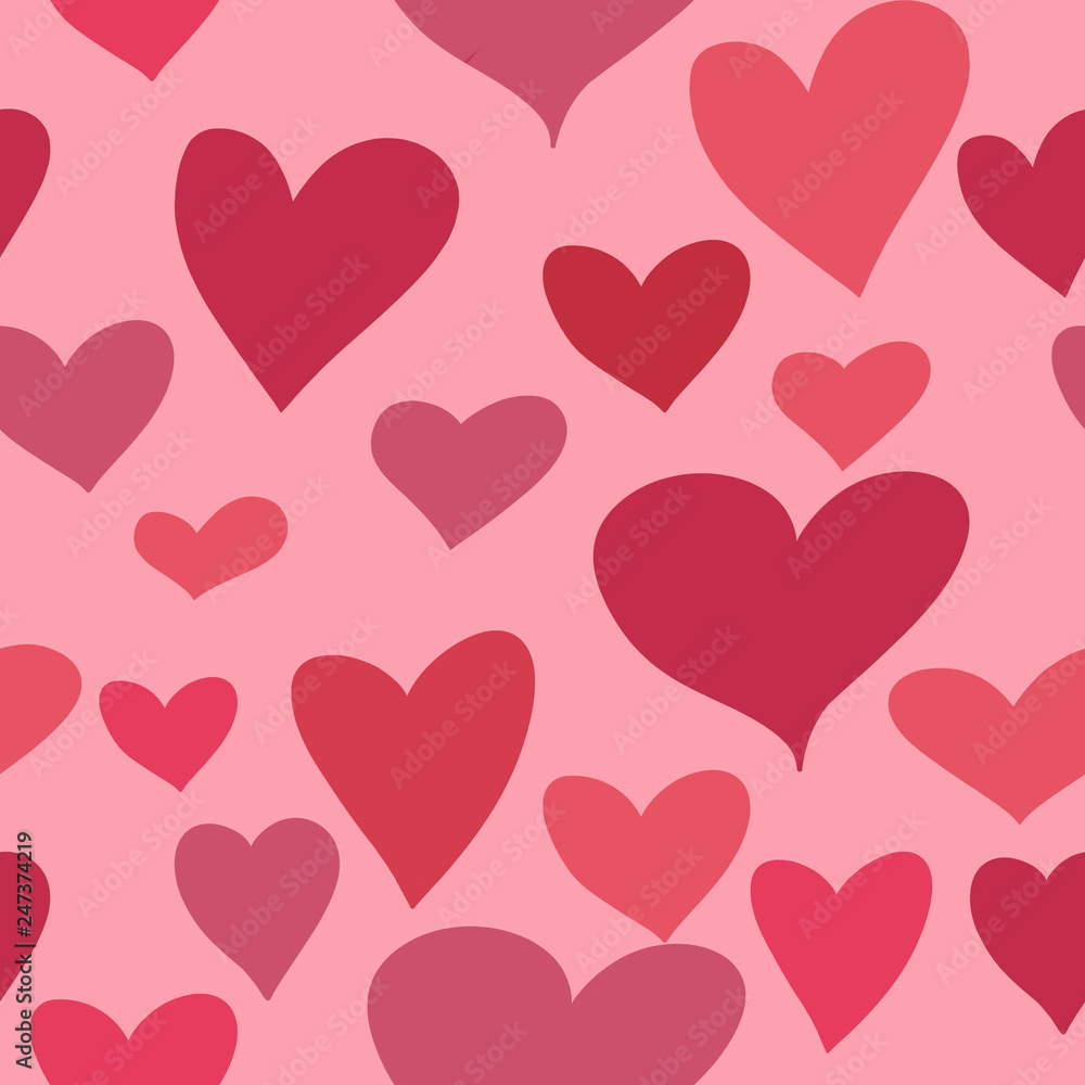 Beautiful seamless pattern with multicolored hearts on a pink background