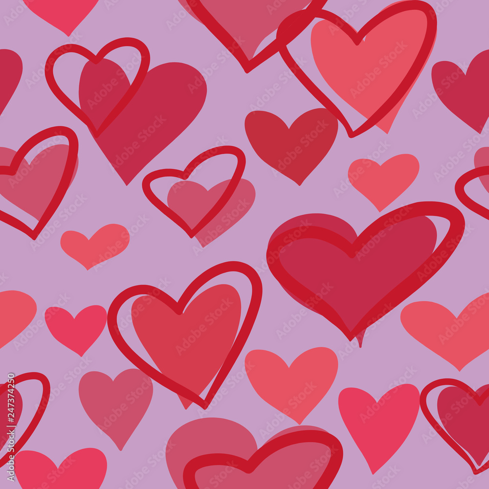 Beautiful seamless pattern with multicolored hearts on a purple background