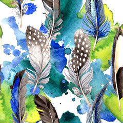 Fototapete Aquarellfedern-Muster Bird feather from wing isolated. Watercolor background illustration set. Seamless background pattern.  © LIGHTFIELD STUDIOS