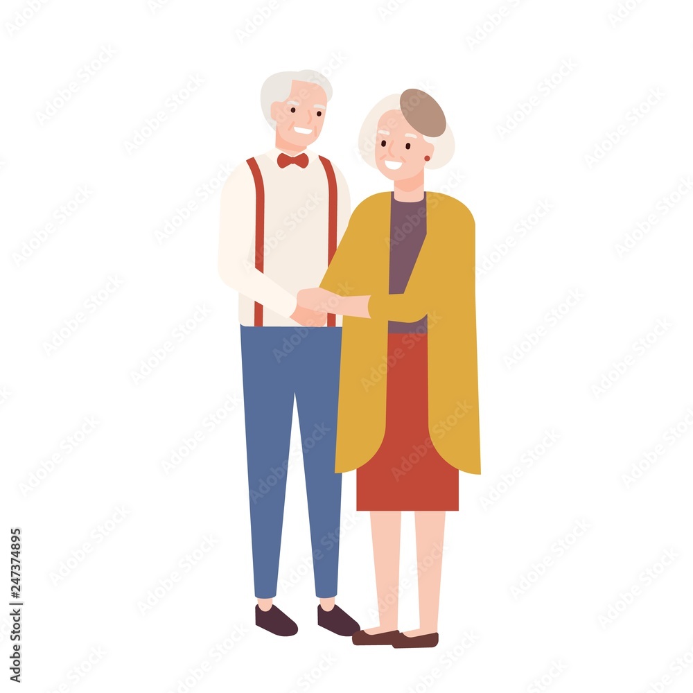 Cute elderly couple in love. Old man and woman standing together and holding hands. Grandfather and grandmother isolated on white background. Colorful vector illustration in flat cartoon style. Cute elderly couple in love. Old man and woman standing together and holding hands. Grandfather and grandmother isolated on white background. Colorful vector illustration in flat cartoon style.