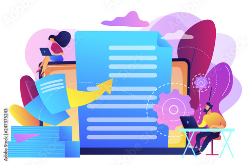 Specialists work with laptop digital data, tiny people. Digital transformation, digital solution development, paperless workflow solutions concept. Bright vibrant violet vector isolated illustration