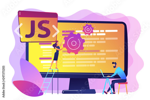 Programmers using JavaScript programming language on computer, tiny people. JavaScript language, JavaScript engine, JS web development concept. Bright vibrant violet vector isolated illustration photo