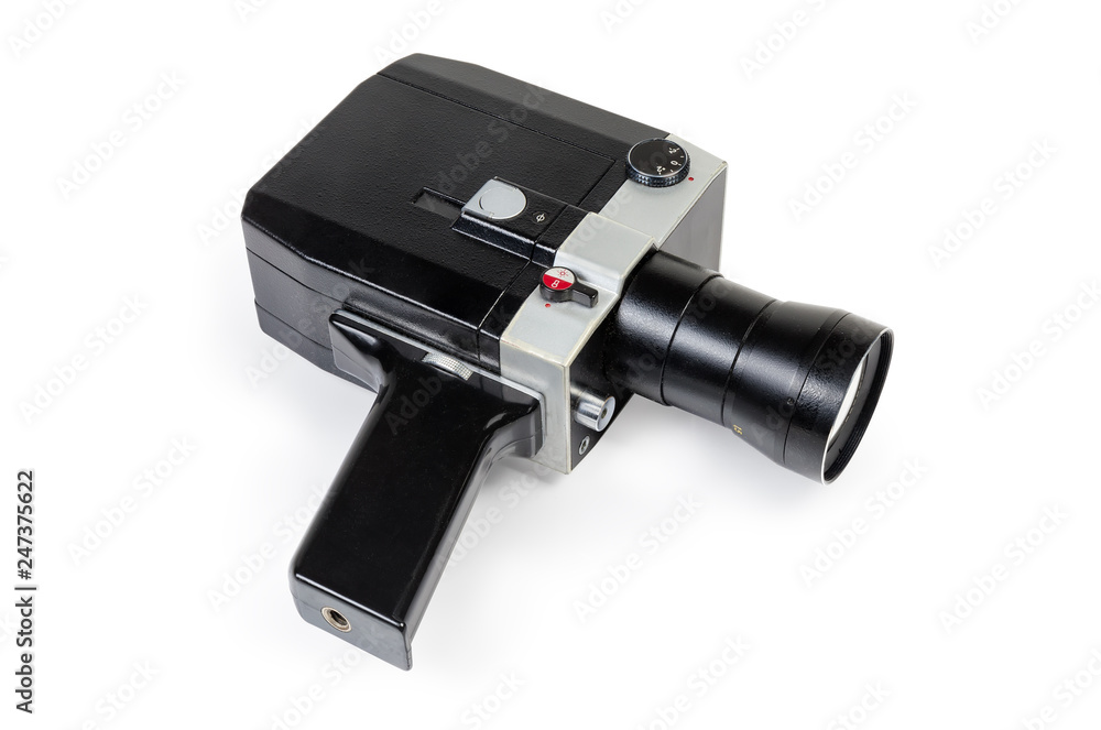 Super 8mm amateur mechanical movie camera on a white background Super 8mm amateur mechanical movie camera on a white background
