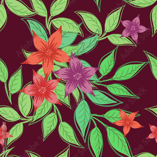 Beautiful seamless pattern with flowers and green leaves.