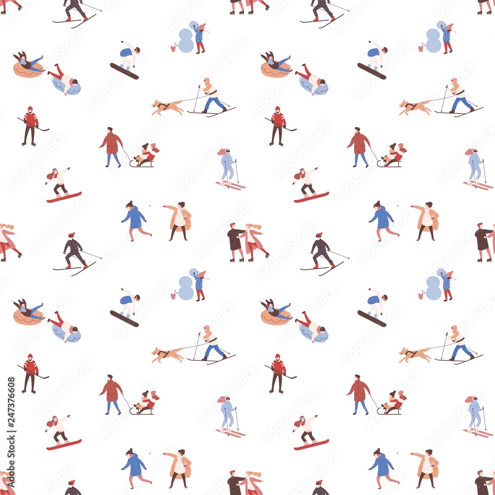 Seamless pattern with men, women and children performing winter outdoor activities. Backdrop with people skiing, snowboarding, ice skating, playing hockey, building snowman. Flat vector illustration.