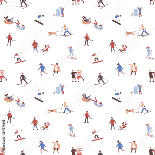 Seamless pattern with men, women and children performing winter outdoor activities. Backdrop with people skiing, snowboarding, ice skating, playing hockey, building snowman. Flat vector illustration.