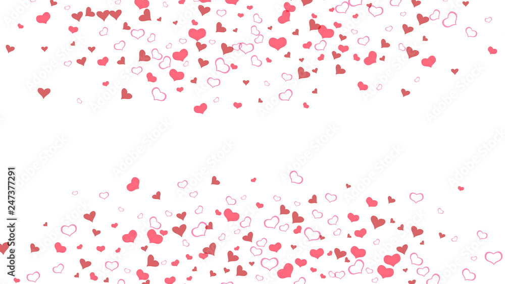 Red on White fond Vector. Happy background. The idea of wallpaper design, textiles, packaging, printing, holiday invitation for Valentine's Day. Red hearts of confetti crumbled.