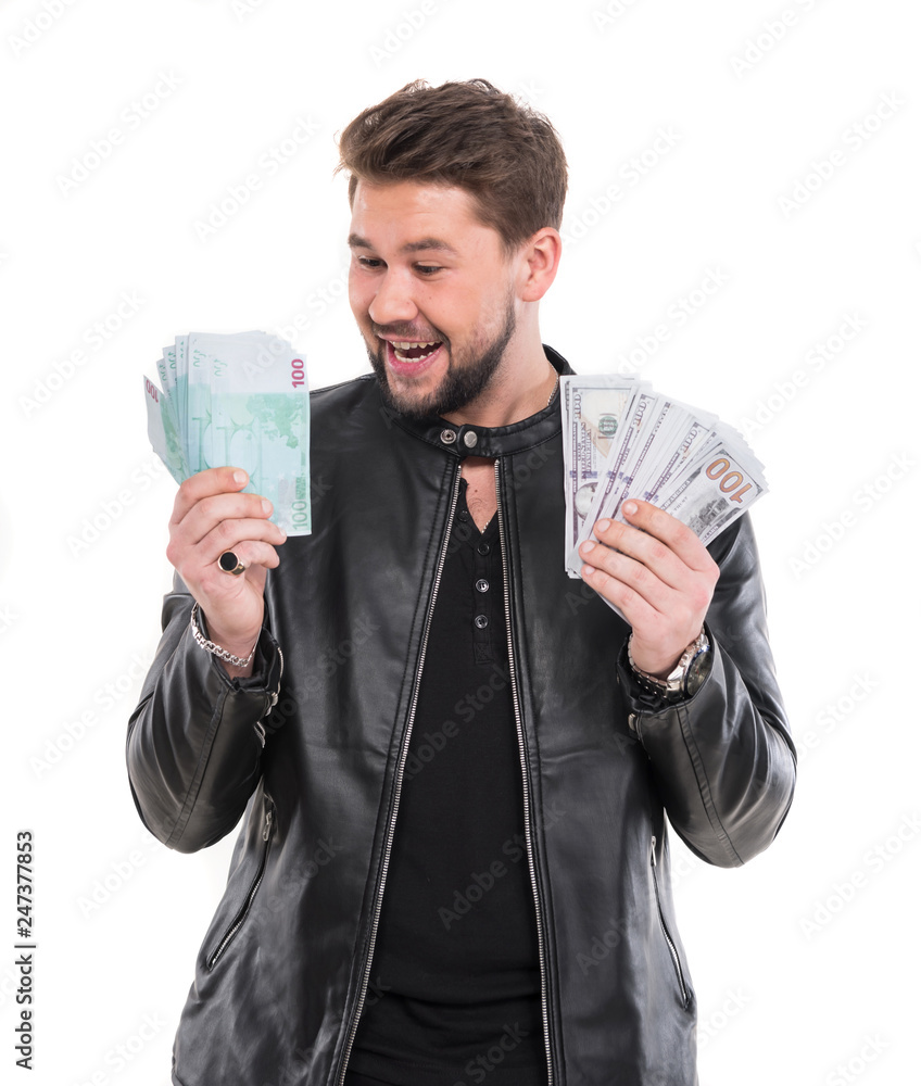 Smiling businessman with american dollar and euro money Smiling businessman with american dollar and euro money