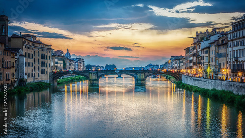 View of the Arno river  evening Florence and the St Trinity Bridge. Florence  Italy.