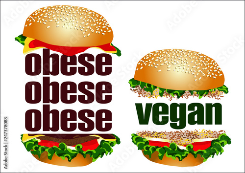 Un hamburger géant représenté avec la typo obese à coté d’un hamburger vegan pour alerter sur la mal bouffe.