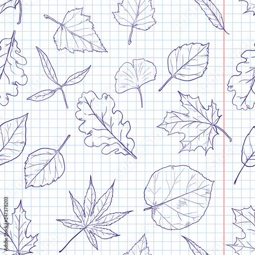 Vector Seamless Pattern with Sketch Leaves on Squared Background