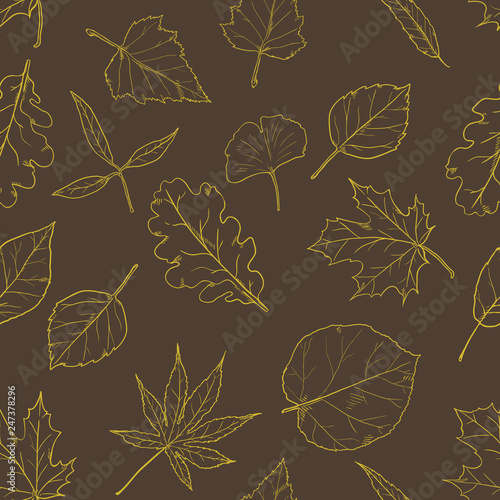 Vector Seamless Pattern with Sketch Leaves on Brown Background