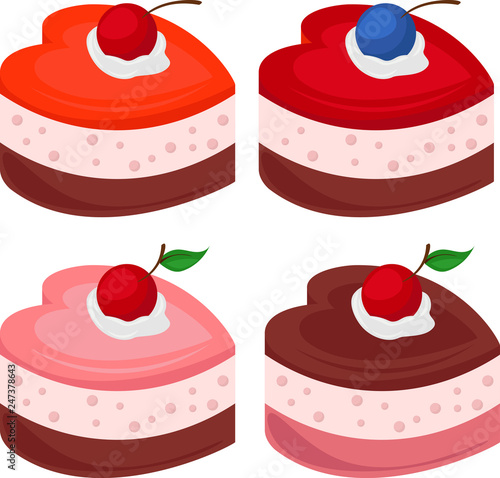 Set of cakes in the form of hearts. Vector illustration on the theme of eating souffle cakes sweets.