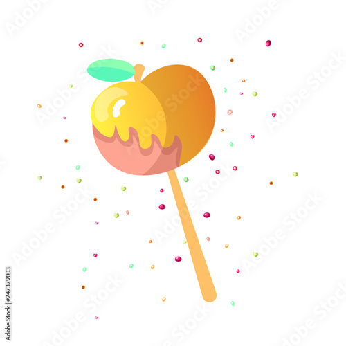 Cute cartoon apple caramel icon. Caramelized apple icon with decoration, sweet cartoon lollipop icon. Cute caramel apple lollipop icon, isolated on white background. Sweet caramelized apple lolli icon