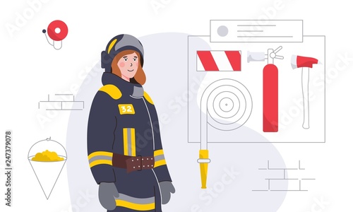 Woman-firefighter wearing fire costume with gloves and helmet near the equipment: extinguisher, fire hose, axe, conical sand bucket. International Women's Day and dispelling gender stereotypes concept