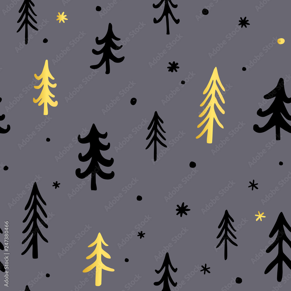 Obraz premium Hand drawn Christmas background with Cute Fir Trees.. Vector. Stylish and Pleasant Palette. Doodle New Year ink seamless pattern