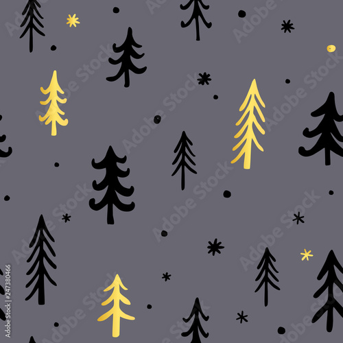 Hand drawn Christmas background with Cute Fir Trees.. Vector. Stylish and Pleasant Palette. Doodle New Year ink seamless pattern