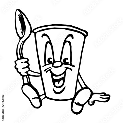 Cup of yogurt with face, sitting with spoon in hand, mascot black and white