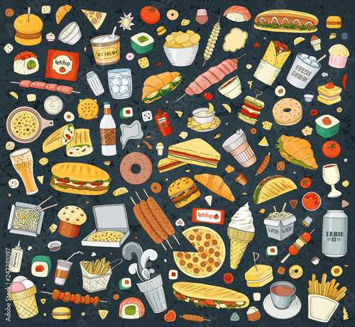 Set of Vector illustration Cartoon style. Fast food objects. This collection include hamburger, snack, burger, french fries, barbecue, drinks and other items.